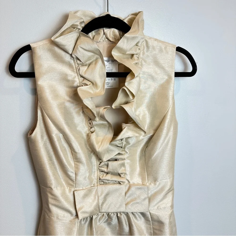 ALFRED‎ SUNG Champagne Ruffled Cocktail Dress w Bow Detail